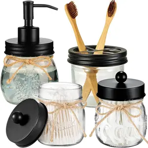 Bathroom Accessories Set 4 Pcs -Lotion Soap Dispenser & 2 Qtip Holders & Toothbrush Holder - Rustic Farmhouse Decor, Bathroom Home Decor (Black)