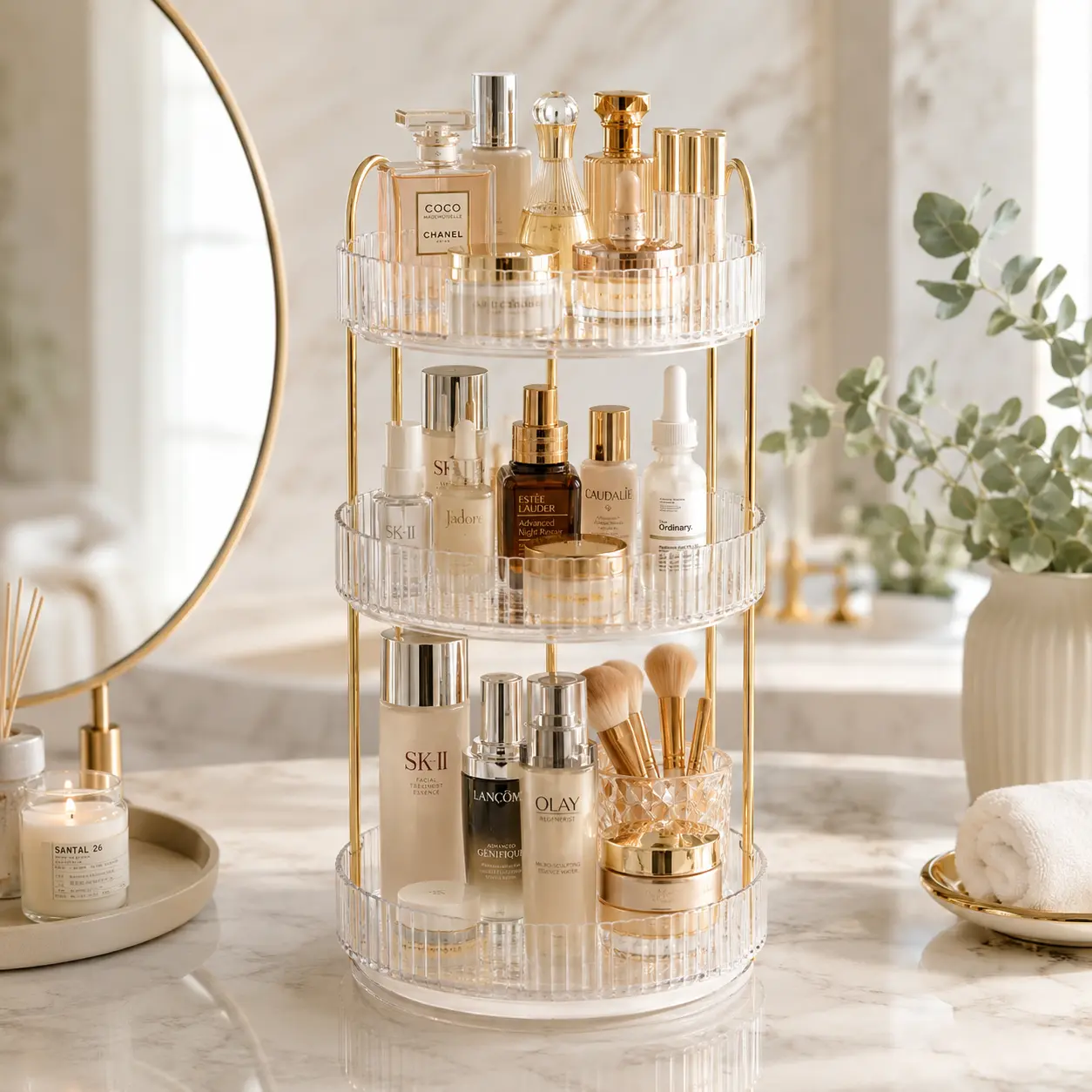 2/3-Tier 360° Rotating Makeup Organizer, Clear Cosmetic Storage Rack and Perfume Tray for Skincare, Brushes and Vanity Countertop, Space-Saving Bathroom Organization for Bedroom Dresser, Dorm Essentials and Daily Room Storage