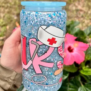 16 oz Nurse Snow Globe Tumbler – Glow in the Dark Glitter, Nurse Decal Cup
