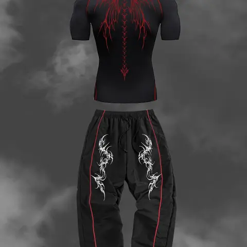 Men's Sporty Fitness Set, Wings Print Y2K Style, Quick-Dry Short Sleeve Tight Tee & Drawstring Elastic Waist Pants, for Gym, Running & Hiking, Sports Clothing Set