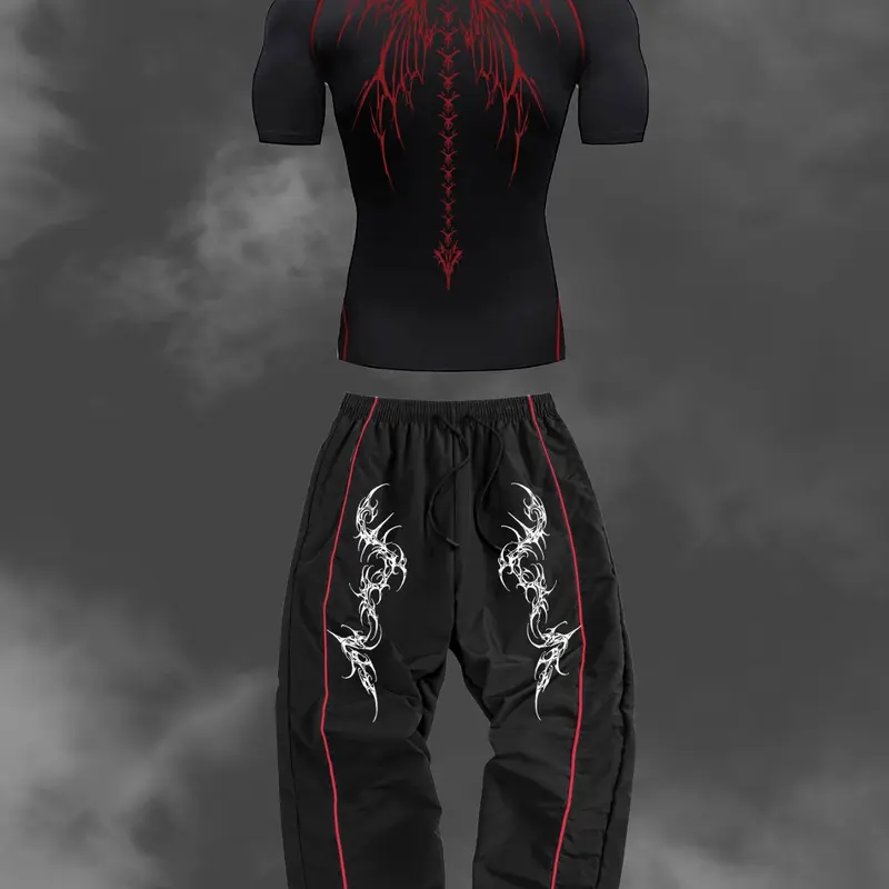 Men's Sporty Fitness Set, Wings Print Y2K Style, Quick-Dry Short Sleeve Tight Tee & Drawstring Elastic Waist Pants, for Gym, Running & Hiking, Sports Clothing Set