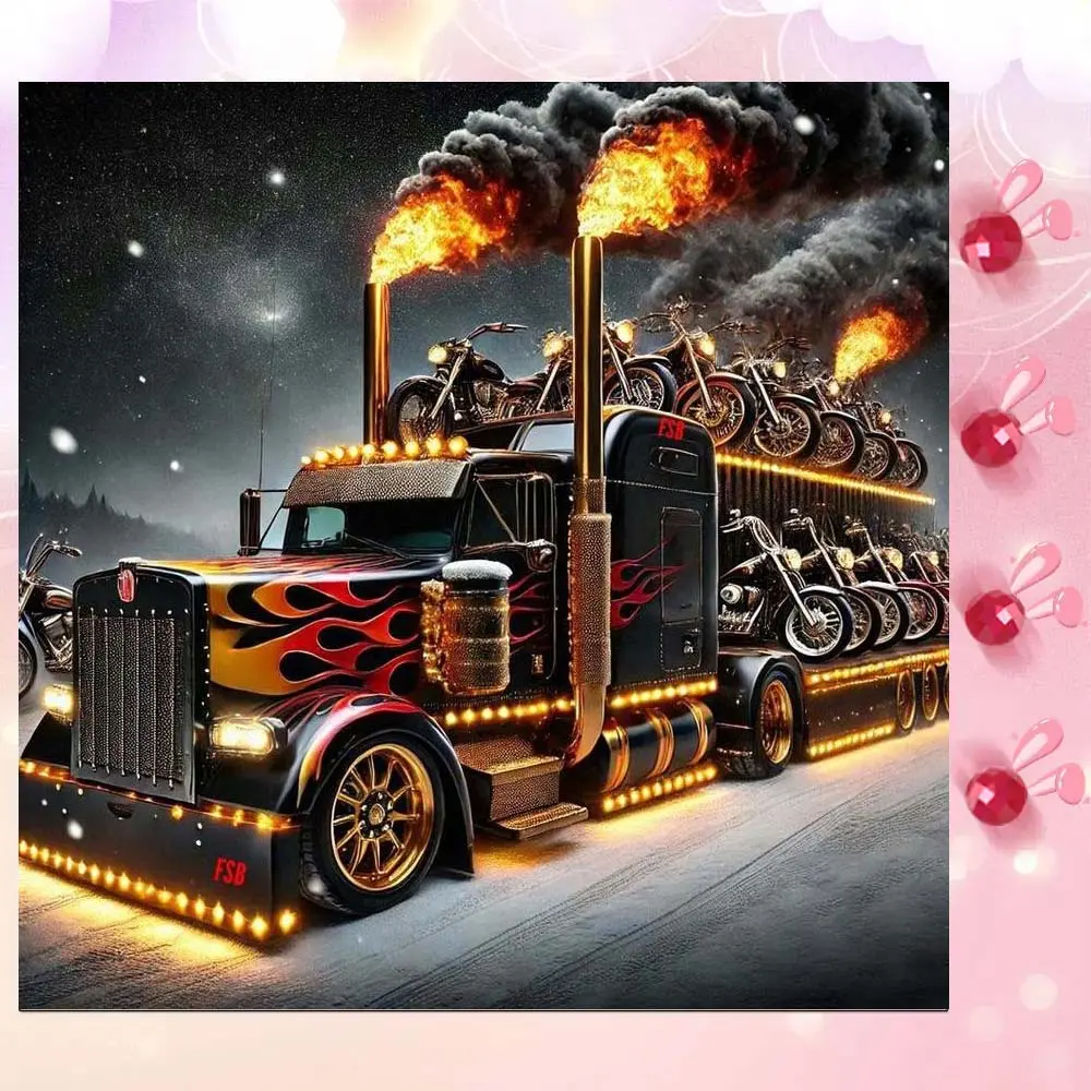 5D DIY Full Drill Round Diamond Painting - Diamond Art Kit Flame Truck Motorcycle Mosaic, Canvas, Diamond Pattern Design - DIY Decorative Painting, Home Wall Decor, Suitable for Halloween, Christmas, Birthday, and Anniversary Gifts