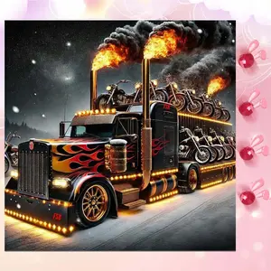 5D DIY Full Drill Round Diamond Painting - Diamond Art Kit Flame Truck Motorcycle Mosaic, Canvas - DIY Decorative Painting, Home Wall Decor, Suitable for Halloween, Christmas, Birthday, and Anniversary Gifts