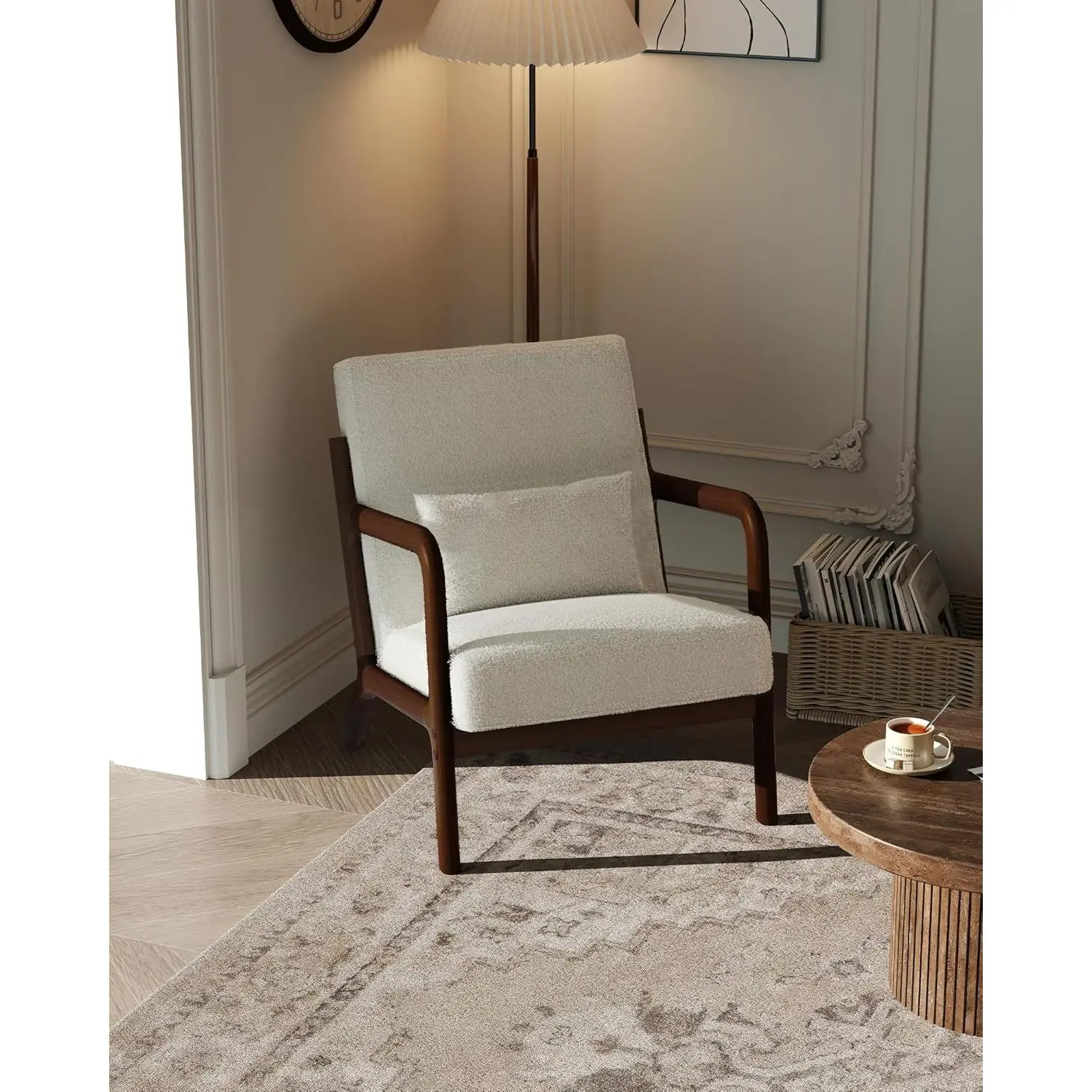 Mid-Century Minimalist Contemporary Sherpa Upholstered Armchair - Solid Wood Frame, Removable Lumbar Pillow, Assembly Required - Cozy Reading Chair for 5'1" to 6'1" Tall Adults - Living Room, Bedroom - Easy Setup - Brown or Beige