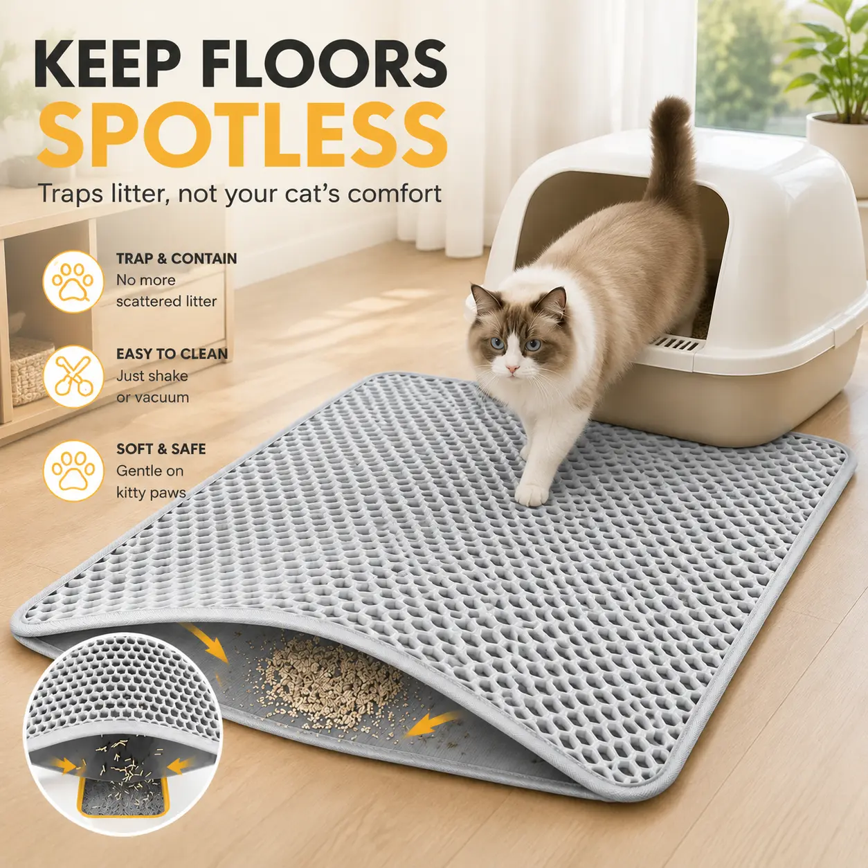 Honeycomb Grid Double-Layer Cat Litter Mat, 29.6"x21.7" with Side Opening, Waterproof Base, Soft EVA Material, Anti-Slip Backing, Litter Trapping, Easy to Clean Floor Protector for Kitty