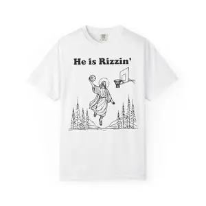 He Is Rizzin' Funny Easter Shirt – Jesus Dunking Basketball Meme Christian Easter Gift Tee (Front)