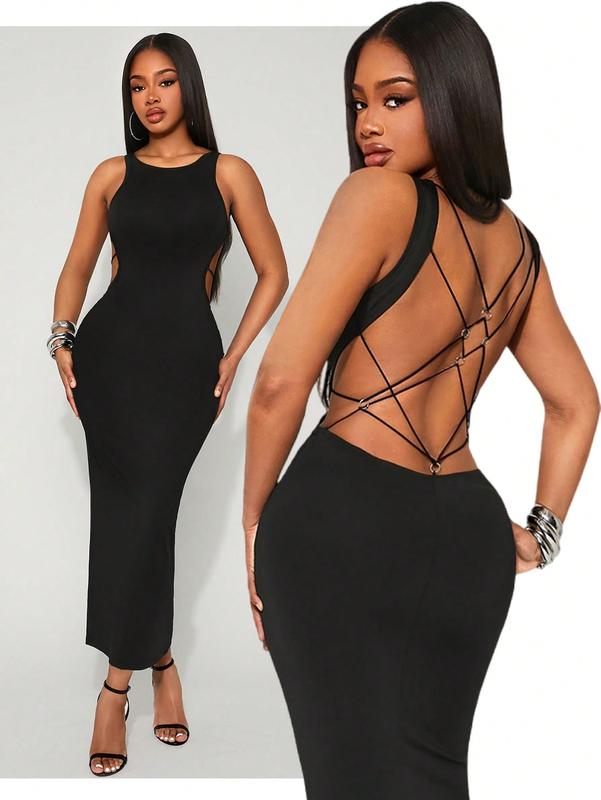 Black Knit Sleeveless Maxi Dress for Women, Round Neck Pencil Style with Crisscross Backv