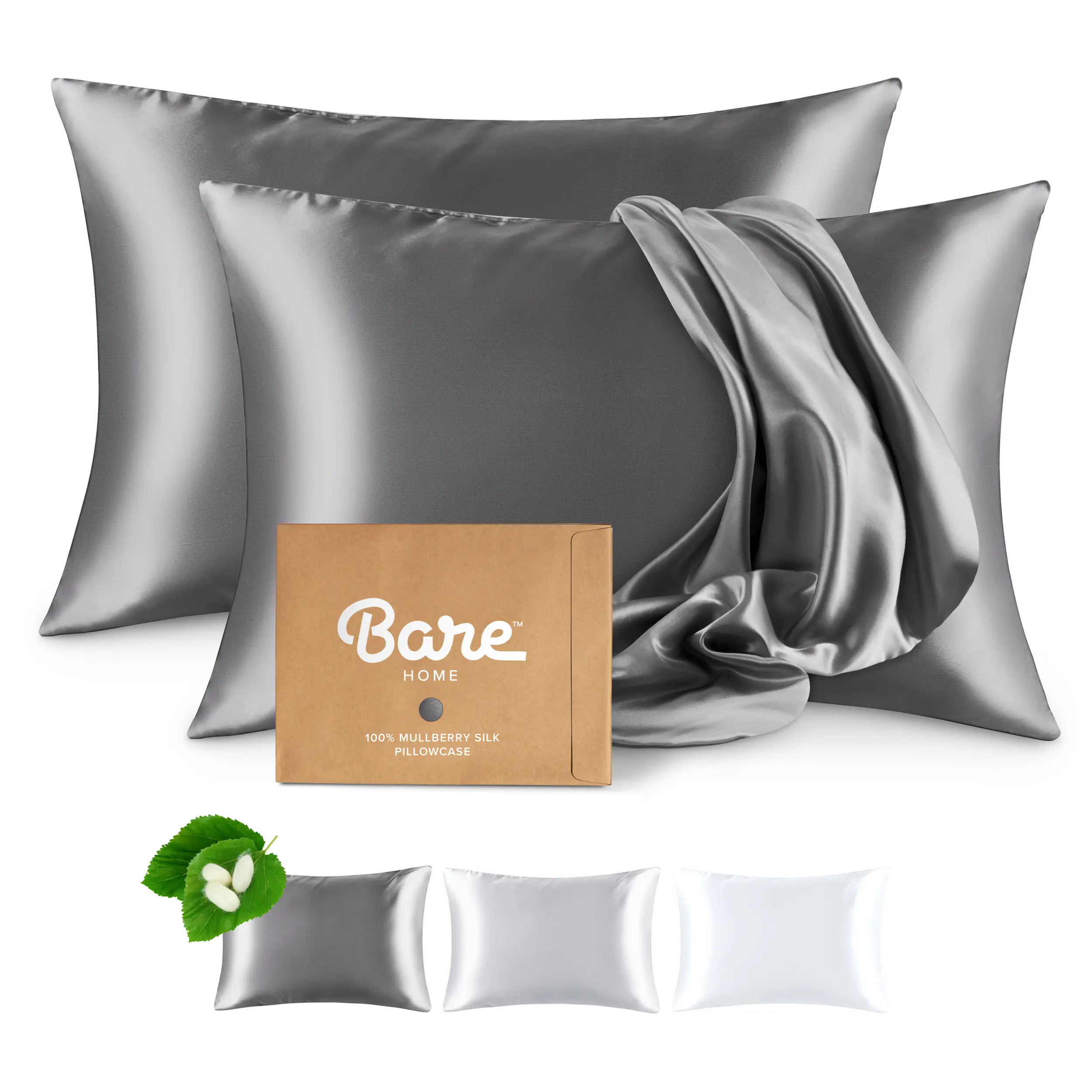 Bare Home Queen Size 20"x26" 19-Momme Mulberry Silk Pillowcase Set - Silver Bed Linens, Better Dye Retention (Hold Dye Better), Gentle on Skin, Machine Washable for Comfortable Sleeping