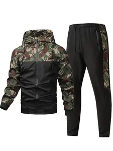 Men's Sportswear Set, Digital Print Jacket & Woven Pants, Camouflage Pattern, Two-Piece, Casual Wear, Athleisure Wear Set, Comfortable Fit, Workout Sets