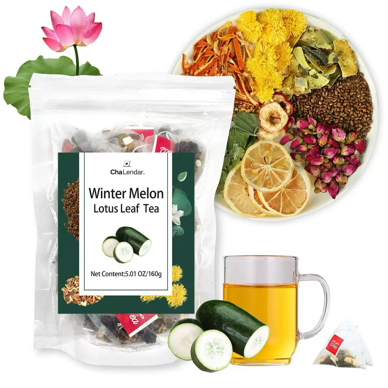 ChaLendar Winter Melon Lotus Leaf Chrysanthemum Herbal Blend Tea, 20 Individually Sealed Dried Leaves Tea Bags, 160g Vegan Convenient Beverage