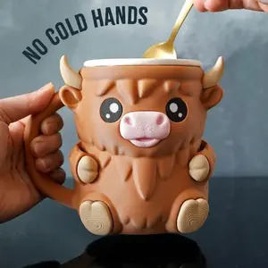 Highland Cow Ice Cream Cup Holder, 3D Printed Reusable Cups Set, Mug, Hidden Snack Storage Drawer, Multi-Functional Drink Cooler, Party Accessories