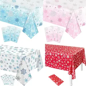 New 2026 Blue Snowflake Christmas Party Tablecloth, Winter Decoration, Disposable Plastic Waterproof Table Cover