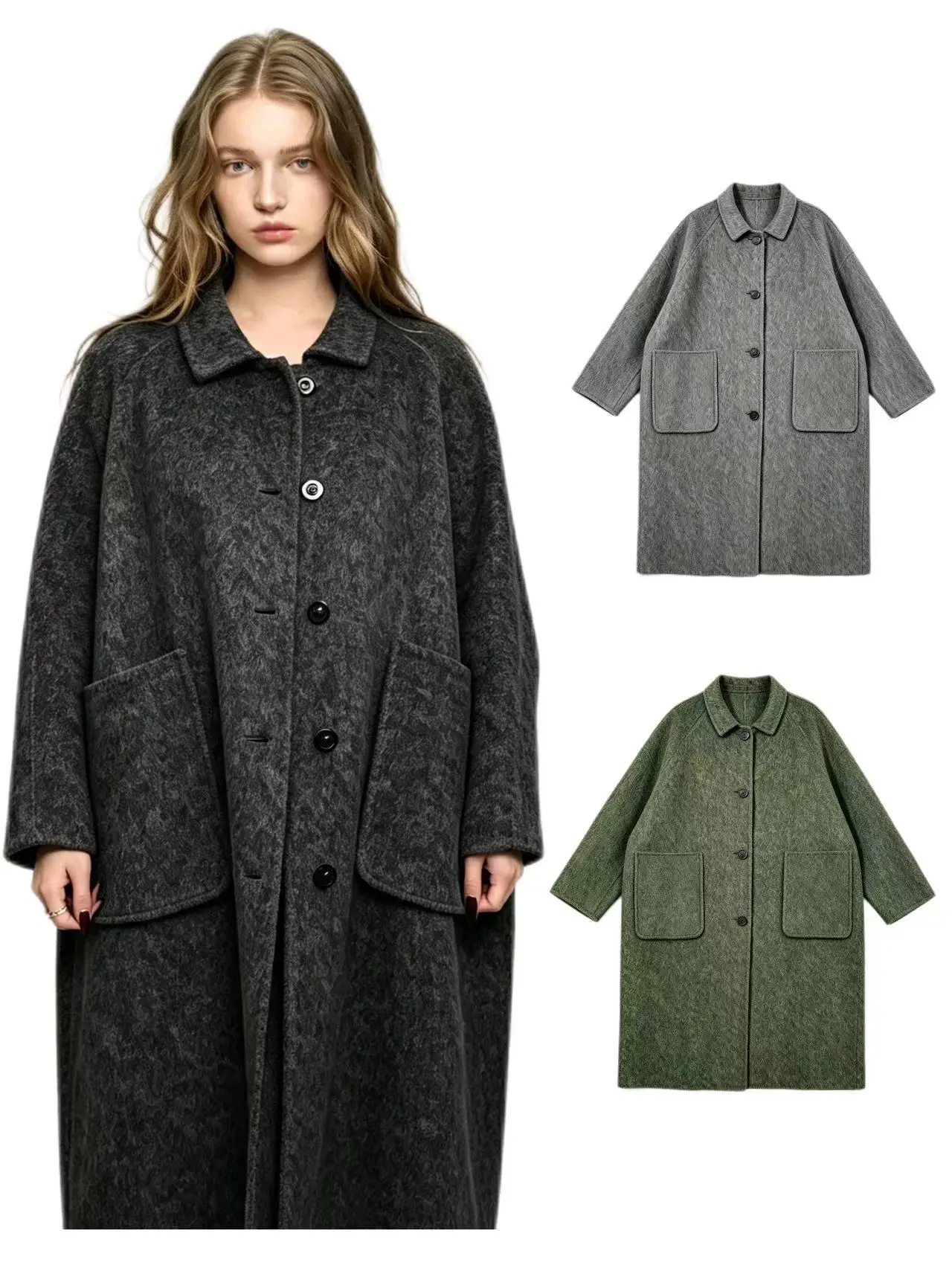 Soft Wool Blend Fabric Jackets for Women - Basic Oversized Double Breasted Overcoat, Fuzzy Breathable Coat with Wide Lapel,  European