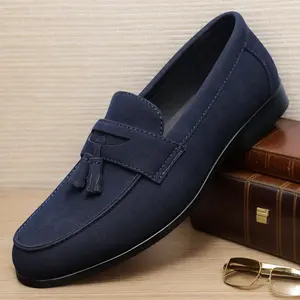 Men's Navy Blue Suede Tassel Penny Loafers, Formal Slip-On Leather Shoes82690