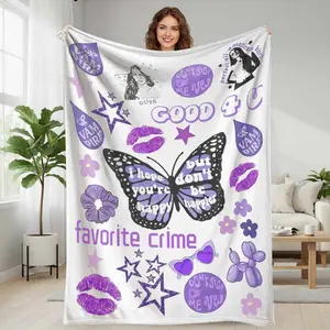 Purple Aesthetic Butterfly and Lips Pattern Flannel Blanket with Inspirational Quote Design Soft Cozy Warm Lightweight Perfect for Bedroom Living Room Sofa Office Gift