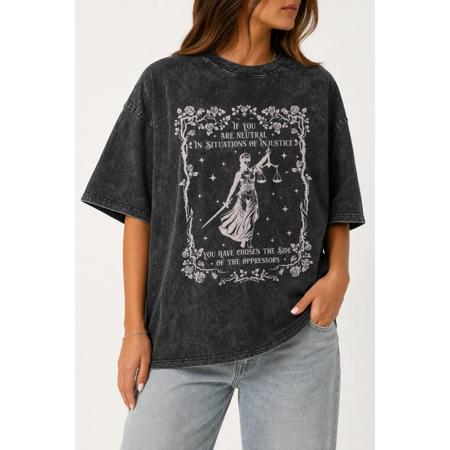 "Choose Justice: Oversized Unisex Washed Batik Cotton T-Shirt - Super Soft Pre-Shrunk Streetwear for All"