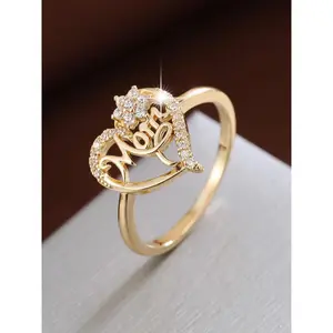 Fashion Letter & Heart Design Rhinestone Decorated Ring, Heart Shaped Ring, Rings for Women, Princess Ring, Fashion Jewelry for Party, Daily Decor, Elegant Ring, Alphabet Design Ring