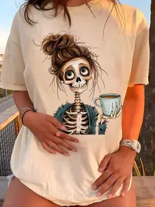 Women's Cartoon Skeleton Graphic Tee – Drop Shoulder Half Sleeve Summer T-Shirt, Cute Casual Round Neck Top for Daily Wear