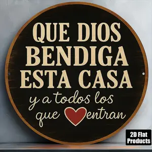 Spanish "God Bless This House" Prayer Plaque, Rustic Spanish/English Bilingual Blessing Sign, Round Metal Tin Wall Decor for Home, Church, Office, Housewarming Gift, Spanish Language Religious Art