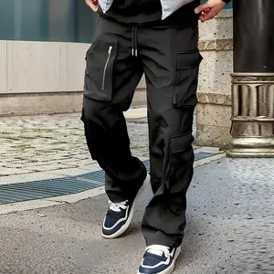 Men's Casual Straight-Leg Work Pants Set, Solid Color Polyester Fiber Non-Stretch Loose Fit with Multiple Pockets, Elastic Waistband, Suitable for All Seasons Wear