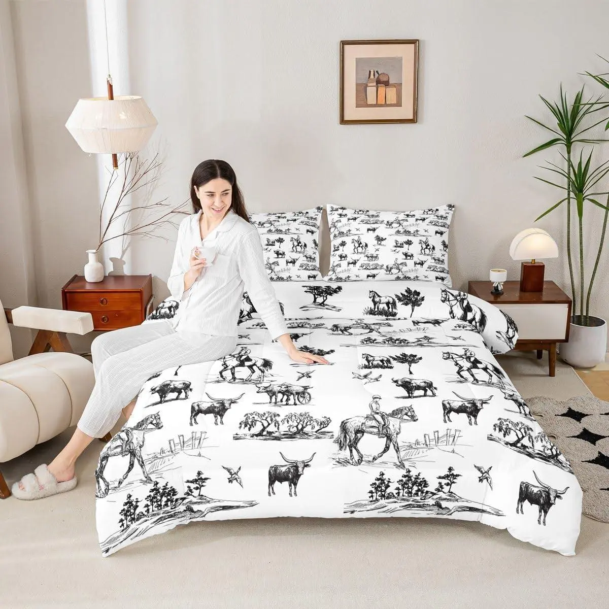 Western Comforter Set,Sketch Cowboy Cow and Horse Bedding Set,Farm Animal Quilt Set for Kids Boys Girls Adult Room Decor Black White Rustic Farmhouse Duvet Insert