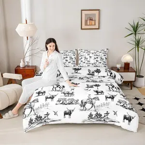 Western Comforter Set,Sketch Cowboy Cow and Horse Bedding Set,Farm Animal Quilt Set for Kids Boys Girls Adult Room Decor Black White Rustic Farmhouse Duvet Insert