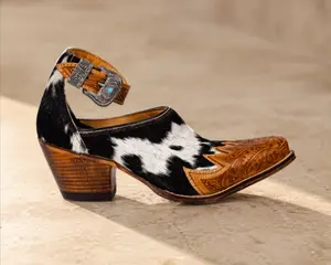 Women's Hand-Tooled Cowhide Leather Canyon Mule Booties - Pointed Toe, Buckle-Closure, Rubber-Soled Footwear