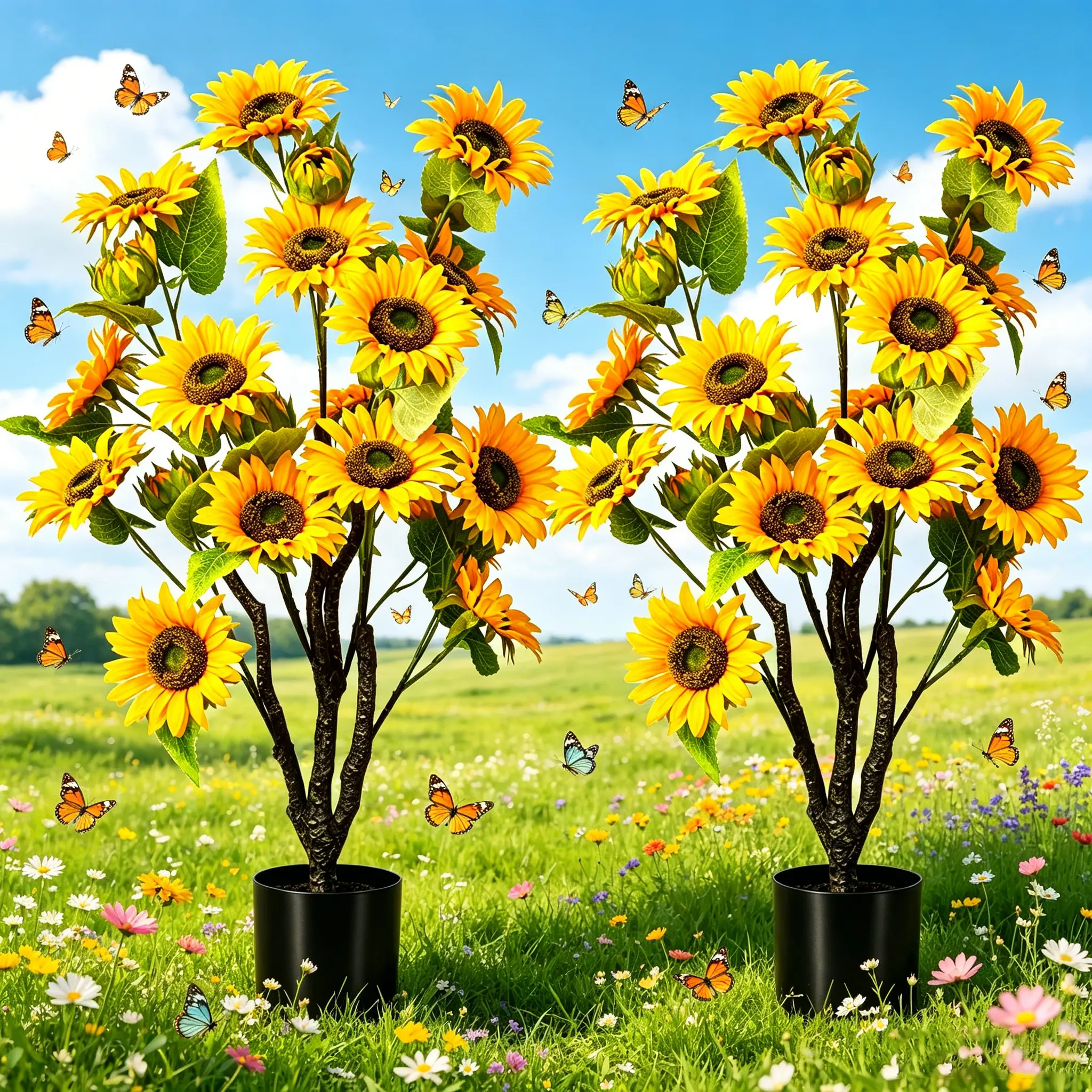 Artificial Sunflower Tree Potted Plant, Large Faux Sunflower Floor Plant with Pot, Realistic Silk Sunflower Tall Tree for Indoor Home Living Room Entryway Decor, No Maintenance Fake Sunflower Decor
