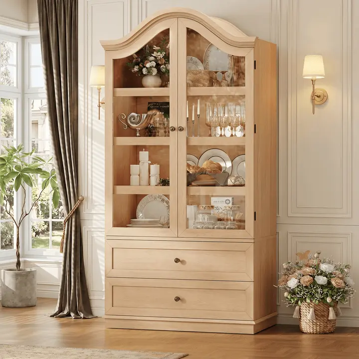 [SummerSale] Sikaic 70.9" Farmhouse Pantry Cabinet with Mustache Arch & Glass Doors, Tall Kitchen Storage Cabinet with 4 Shelves & 2 Drawers, 180° Full-View Access, Display Pantry for Kitchen, Dining Room, Natura, Home Furniture