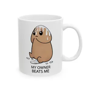 My Owner Beats Me Gingerbread Mug, 11oz Ceramic Coffee Mug, Funny Baking Mug, Gingerbread Cookie Cup, Baker Gift, Holiday Humor Mug