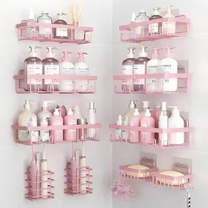 Pink Bathroom Accessories 5-Pack Rust-Proof & Waterproof Shower Rack No Drilling Required Stick-On Storage Rack with Toothbrush & Soap Holder Large-Capacity Minimalist Design