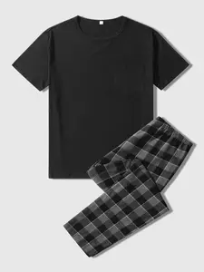 Men's Summer Casual Plaid Pajama Set, Round Neck Short Sleeve Pullover Shirt & Long Pants, Soft Comfortable Knit Polyester Loungewear