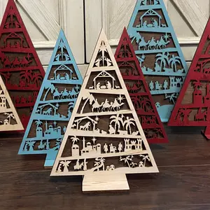 Nativity Tree Home Decor Christmas Decoration, Wooden Freestanding Nativity Scene on Christmas Tree Shape, Handcrafted Table Top Unique Gift