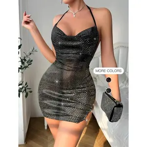 Women’s sparkling chain-decorated backless thigh-slit corset top paired with an elegant open-collar lace-up mini skirt, suitable for parties, clubs, and dates; women’s summer clothing.