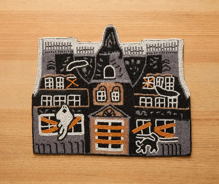 Haunted House Beaded Placemat – Handmade Halloween Table Mat – Spooky Ghost Cat Decor – Gothic Fall Dining Accent