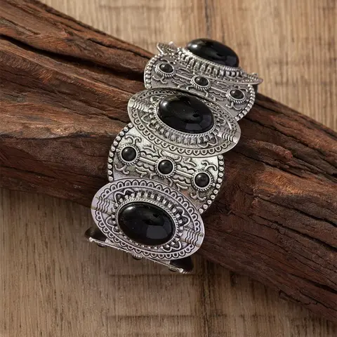 Vintage Fashion Black Turquoise Decorated Bangle, Boho Style Jewelry for Women & Men, Trendy All-match & Exquisite Jewelry for Birthday Gift, Boho Stone Bracelet, Pretty Bracelet, Boho Style Bangles, Bohemian Bracelets, Aesthetic Jewelry