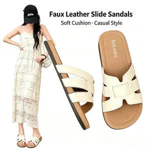 Women's H Strap Flat Sandals, Faux Leather Slip-On Summer Footwear with a Comfortable Non-Slip Sole for the Beach & Daily Walks, Shoe