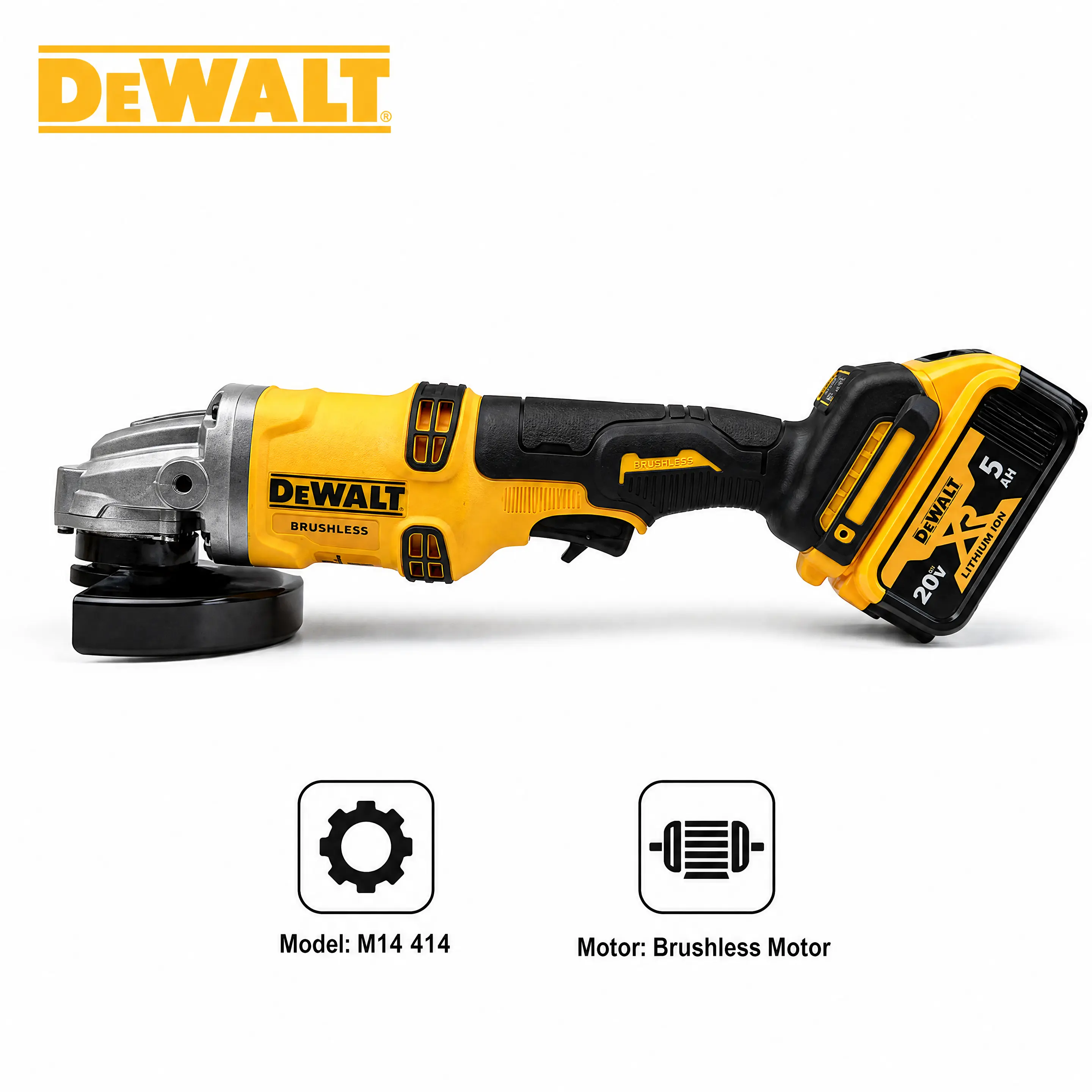 DEWALT DCG414 Angle Grinder Cordless Power Tool For Metal Cutting Grinding Surface Preparation Construction Welding Fabrication And Workshop Applications With High Speed Performance Electronic Brake E-Clutch Protection And Safety Control