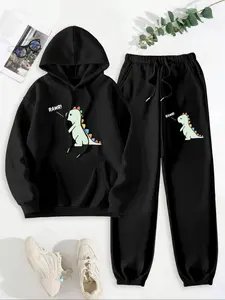 Two-piece Set Women's Dinosaur Print Thermal Lined  Hoodie & Drawstring Waist Sweatpants, Fashion Casual Hooded Sweatshirt & Pocket Jogger Pants for Daily Wear, Women's Two-piece Outfits for Fall & Winter