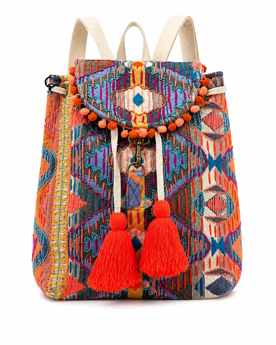 Desert Bloom Woven Women's Fashion Backpack - Boho Bag with Statement Tassels for Movement, Casual Coastal Cowgirl Style, Rich Texture, Colorful Soft-Structured Fabric, Ideal for Festivals & Beach Days (Bohemian, Ethnic Women's Fashion Backpacks), Markets