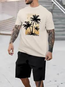 Two-Piece Set Men's Tropical Coconut Tree Graphic Crew Neck Tee & Drawstring Shorts Set, Loose Casual Round Neck Short Sleeve T-Shirt & Elastic Waist Pocket Shorts, Menswear Summer Men's Two-Piece Outfits