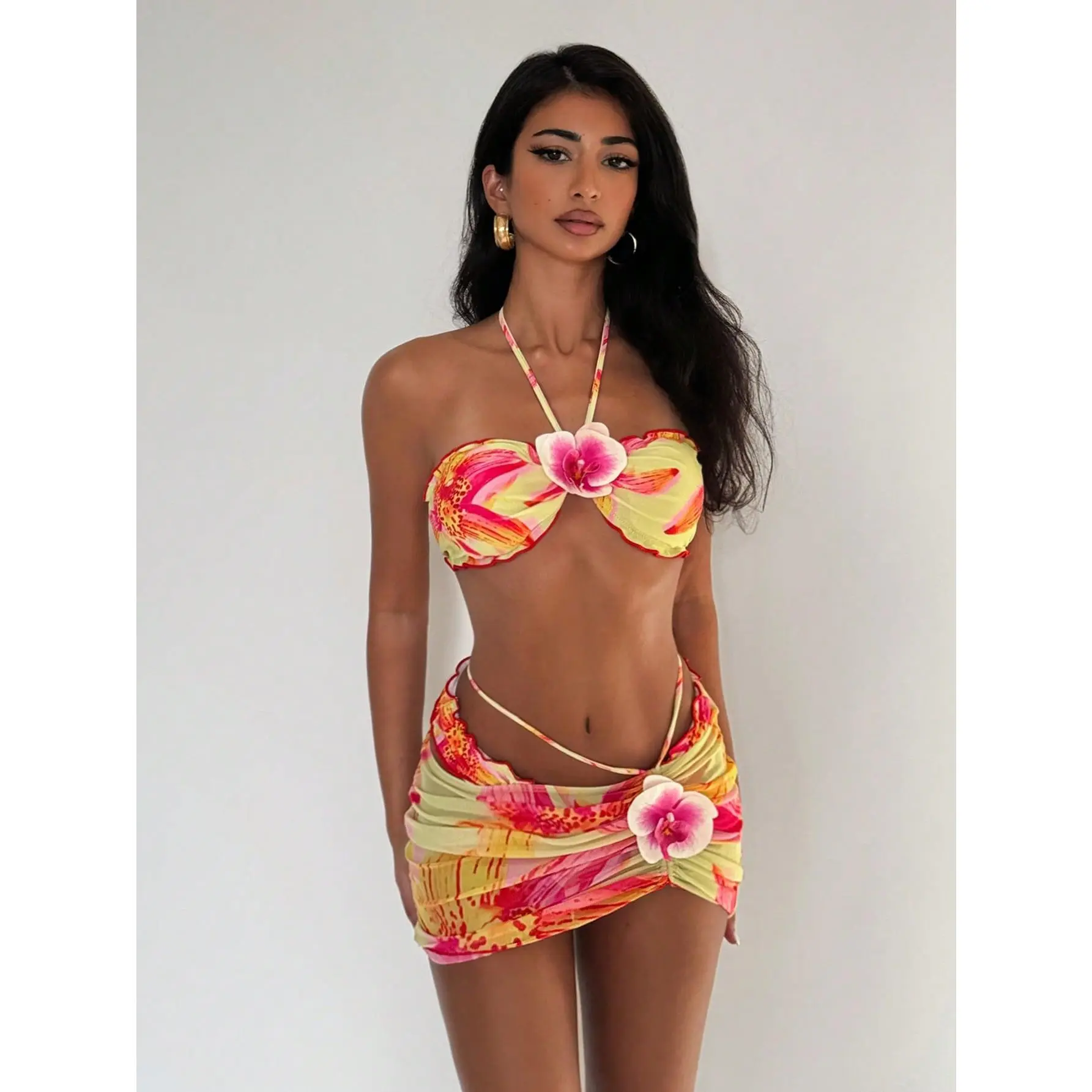 DealsForYouDays 3pcs/Set Women Swimsuit, Yellow Floral Random Print Ruffle Halter Top With 3D Flower Detail, High Waist Bottom Shorts And Drawstring Skirt