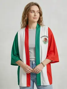 Mexican Flag Print Loose Robe Cardigan, Women's Summer Three-Quarter Sleeve Soccer Fan Jacket, Casual Sun Protection Top, Womenswear