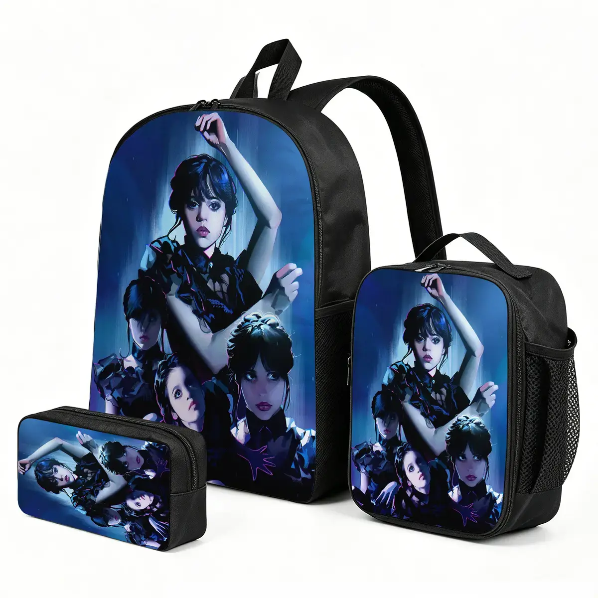 Girls' Wednesday Print Lightweight Elementary School Backpack Set (3pcs) - 1 Size, Heavy-Capacity, Kid-Friendly, No Wheels, with Matching Lunch Pouch, Stationery & Travel Bags, One Size, Graphic