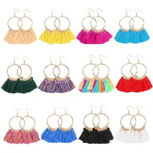 12 Pairs Bohemian Tassel Hoop Earrings for Women - Trendy Colorful Fringe Statement Earrings