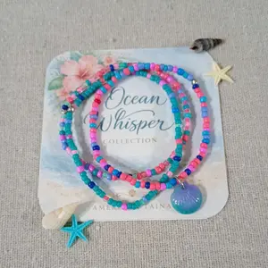 Seed Bead Bracelet Set - Pink, Teal, Purple Ocean Whispers Design with Resin Scallop Shell Charm