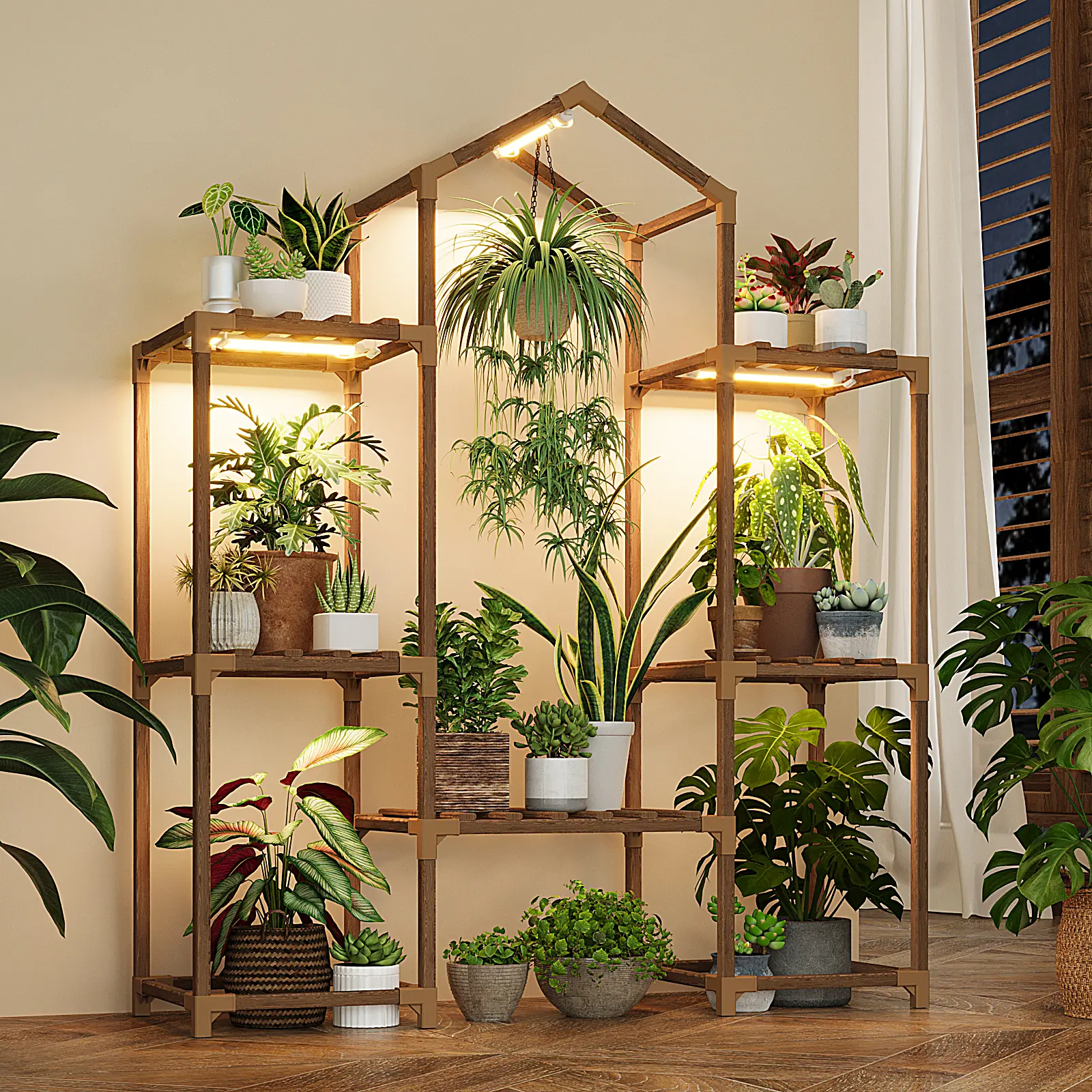 Bamworld High-Temperature Carbonized Solid Wood Indoor Garden Plant Stand with Grow Lights, Space-Maximizing Hanging Planter Pot Display Shelf for Living Room, Patio Home Decor, Maximizes Space