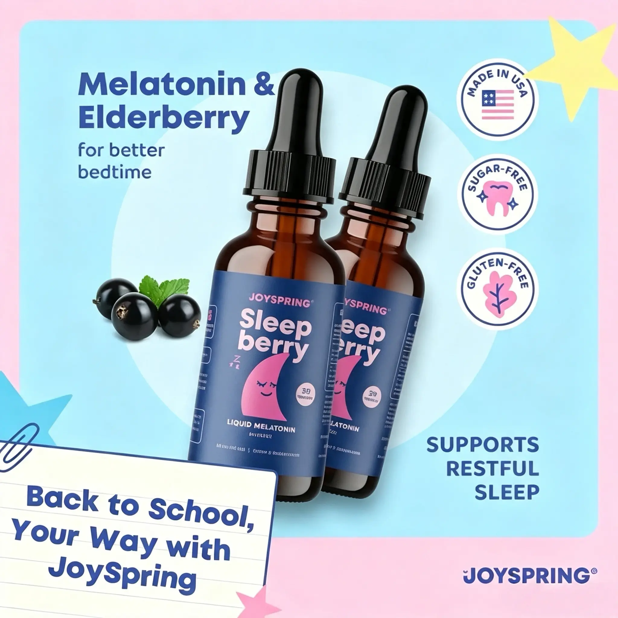 JoySpring SleepBerry 3mg Drops, Berry, 1 fl oz, 30 Ct | With L-theanine and Vitamin D plus soothing botanicals, supports calm, restful nights, non-habit forming, sugar-free