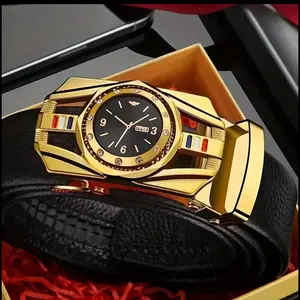 Men's Belt with Automatic Rotating Dial Buckle for Daily Wear - Fashion Accessory