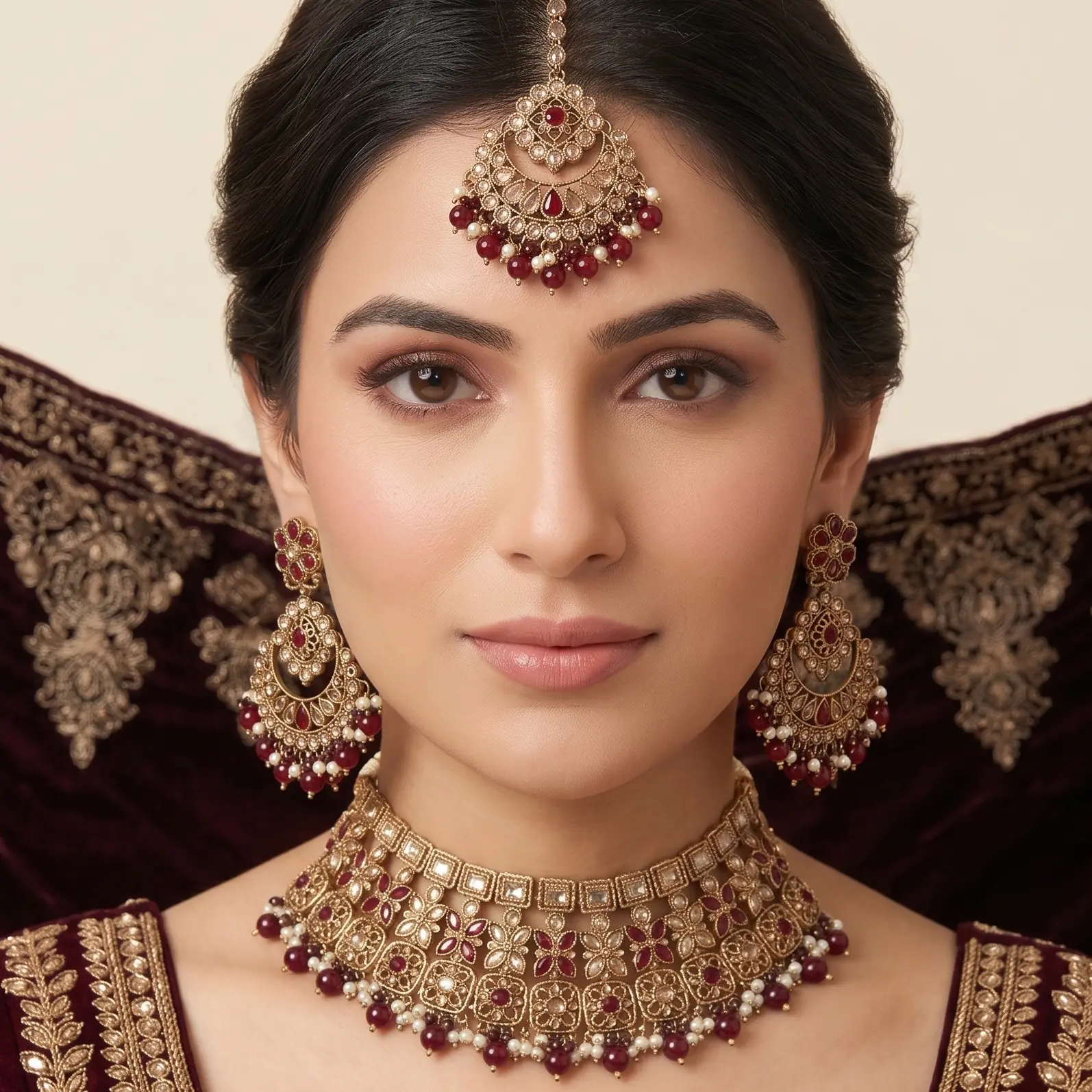 Noor Polki Lightweight Maroon Bollywood Indian necklace Set sohochic